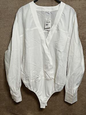 #ad Good American White Wrap Bodysuit Size 3 Long Sleeve Deep V Neck $64.79
