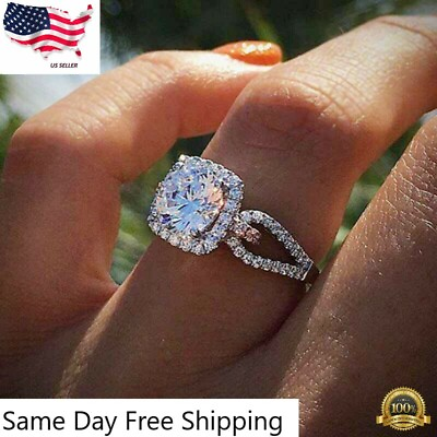 #ad Fashion Women 925 Silver Plated Round Cut White Glass Ring Size 6 10 Simulated $3.75