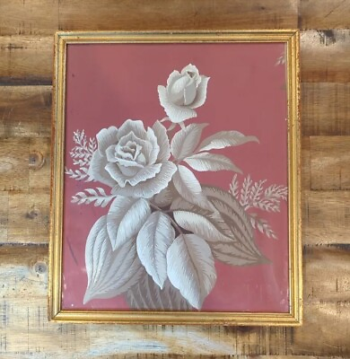 #ad Vintage White Rose on Red Background Gold Tone Framed Painting. $62.00