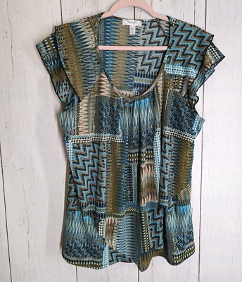 #ad Dressbarn Size 2X Blue Green Chevron Gold Metallic Sleeveless Blouse Top $12.99
