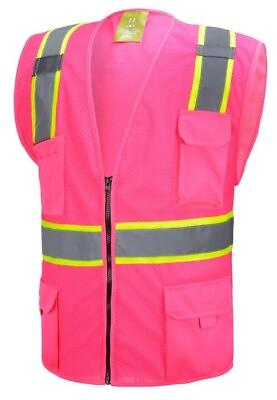 #ad Pink Two Tones Safety Vest With Multi Pocket Tool $11.99