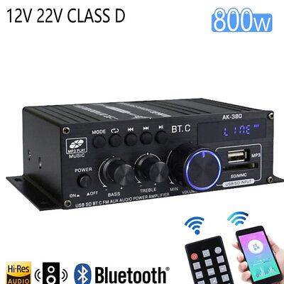 #ad Bluetooth 5.0 Audio Power Amplifier AK 380 800W 2.0 CH HiFi Stereo Amp Receiver $23.88