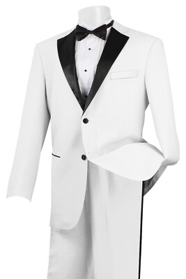 #ad NEW Mens 2pc WHITE Classic Fit Formal Tuxedo Suit with Black Satin Lapel Trim $99.99