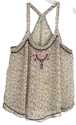 #ad Maurices Embroidered Racerback Semi Sheer BOHO FLORAL Tank Top XL PINK WHITE $14.44