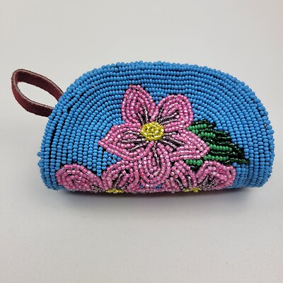 #ad Beaded Suede Coin Purse Native American Handmade Clutch Zipper Blue Pink Floral* $49.99