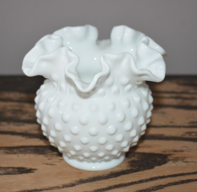 #ad Fenton Vintage White Milk Glass Hobnail Crimped Ruffled Edge Bud Vase $25.00