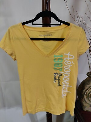 #ad Aeropostale Womens L Yellow white green top logo v neck cap sleeve EUC $19.95