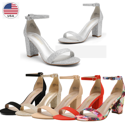 #ad Women#x27;s Low Block Heel Ankle Strap Open Toe Party Dress Pump Sandals Shoes Size $27.99