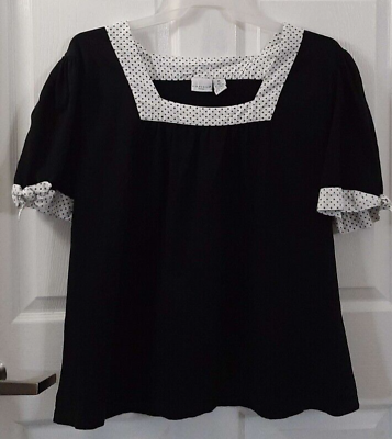 #ad KIM ROGERS Women#x27;s Size 2X Black Short Sleeve Square Neck White Trim Polka Dots $9.99
