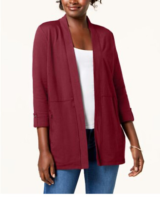 #ad Karen Scott Women#x27;s Sweater 3 4 Sleeve Open Front Ladies Cardigan Red Size Small $24.99