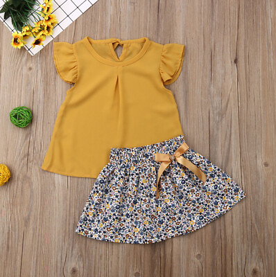 #ad Baby girl summer yellow ruffled chiffon fly sleeved top with floral skirt $4.90