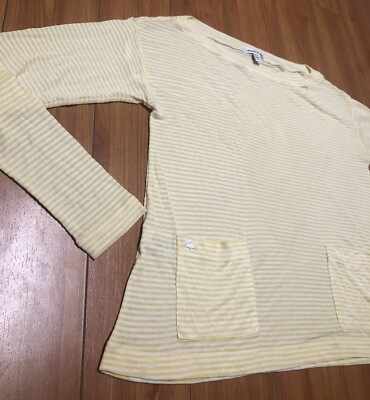 #ad Lacoste Shirt Womens Boat Neck Yellow White Stripe Long Sleeve Small S Pockets $19.00