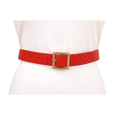#ad Women Red Basket Weave Faux Leather Belt Gold Metal Square Buckle S M $15.95