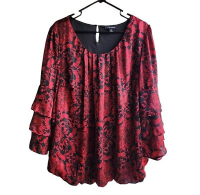 #ad Roz amp; Ali Womens Size 2X Red amp; Black Floral Layered Bubble Hem Blouse Top $16.00
