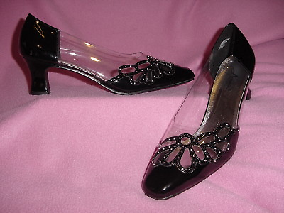 #ad CLEAR amp; BLACK PATENT PUMP Silver Metal Accent by ANNIE 13M Fits Roomy FREE SHIP $36.00