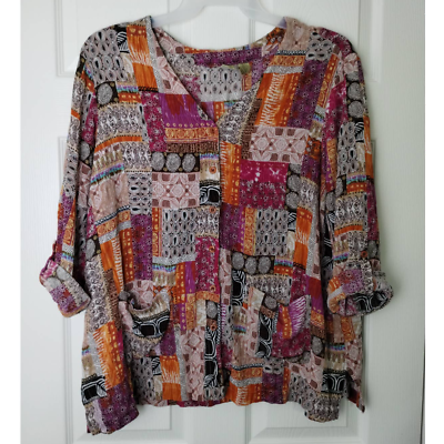 #ad Vintage Islander Women#x27;s 2X Multi Pattern Patchwork Style Boho Button Up Shirt $18.00