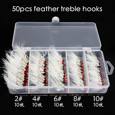 #ad 50pcs box 2X Strong Fishing Treble Hooks White Feather Dressed 2 4 6 8 10# Hook $18.99