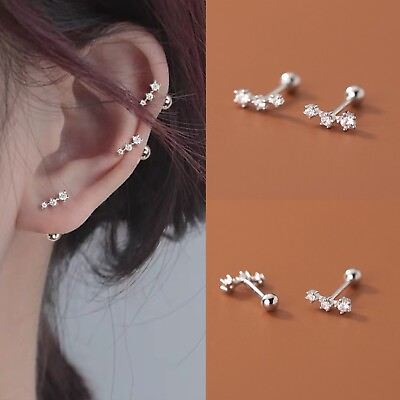 #ad Women#x27;s Silver CZ Crystal Curved Bar Ear Stud Trendy Earrings Surgical Steel $9.99