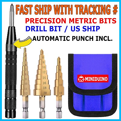 #ad HSS 4PCS Titanium Step Drill Bit Set W Automatic Center Punch High Speed Steel $8.95