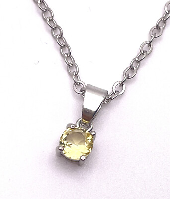 #ad Delicate Silver Tone Chain Dainty Yellow Solitaire Rhinestone Necklace $7.99