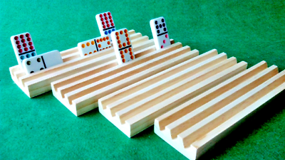 #ad HANDMADE WOODEN DOMINO HOLDERS SET OF 4 MEXICAN TRAIN 3 ROWS TRAYS RACK WOOD USA $12.99