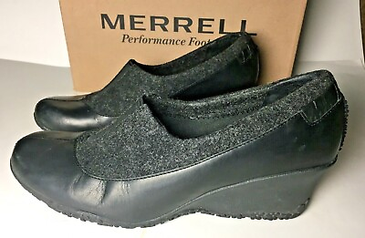 #ad MERRELL TULIP BLACK Women#x27;s Size 10 Leather Wool Wedge Heel Shoe J46126 wBOX $39.99