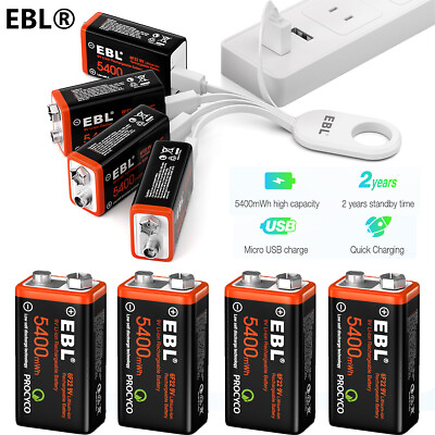 #ad EBL 9 Volt Li ion USB Rechargeable Batteries 5400mWh 9V Lithium Ion Battery Lot $9.99