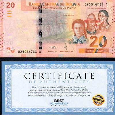 #ad Bolivia Banknote 20 Bolivianos 2018 ND P 249 UNC COA 1 Note $8.99