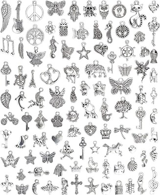 #ad 100 PCs Silver Charms for Jewelry Making Mixed Lot Pendants Bracelet Necklace $8.59