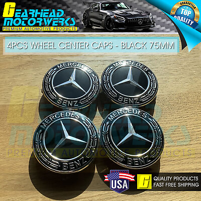 #ad 4 Mercedes Benz Classic Black Wheel Center Hub Caps Emblem 75MM Laurel Wreath $21.99