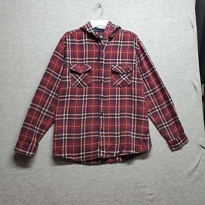 #ad Molokai Surf Co Men Jacket Large Red Plaid Flannel Shacket Button Up Hooded $13.92