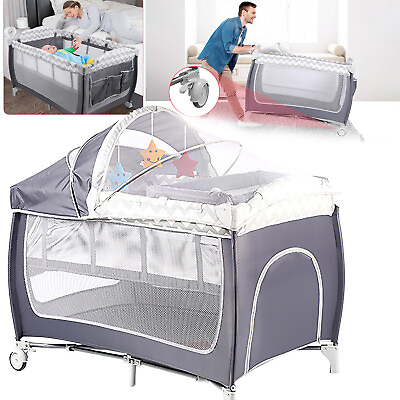 #ad Portable Baby Cot Crib Bed w Infant Changing Table Playpen Bassinet 39LBS Load $93.44