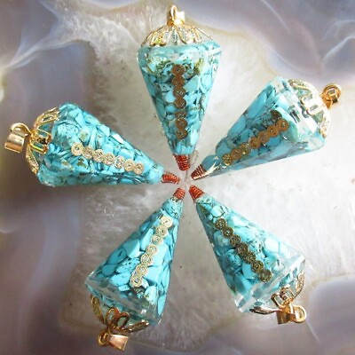 #ad 5Pcs Faceted Blue Turquoise Tibetan Gold Wrap Pendulum Pendant Bead D74179 $21.57