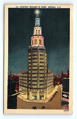 #ad Postcard 1946 New York General Electric Office Building At Night Buffalo N.Y. $11.90