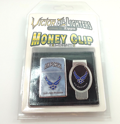 #ad Victor Oil Air Force Logo Lighter And Money Clip Cash or Credit Card New in Box $25.00