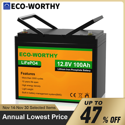#ad ECO WORTHY 12V 100AH LiFePO4 Lithium Battery BMS 4000 cycles For RV Solar Panel $196.09