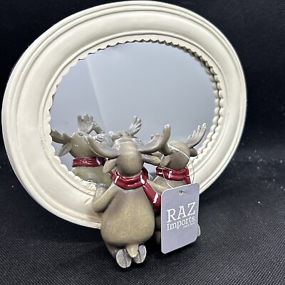 #ad 6”x8” Round Holiday Moose Metal Table Top Mirror Finish NEW With Tag $19.99