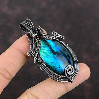 #ad Gift For Her Neon Flash Labradorite Wire Wrapped Pendant Copper Jewelry 2.56quot; $20.89