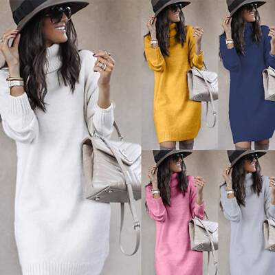 #ad Women Chunky Knitted Top High Polo Neck Jumper Pullover Sweater Mid Length Dress $41.16