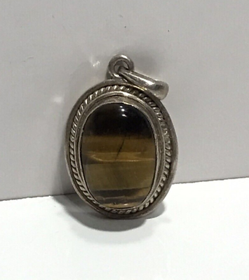 #ad Vintage Sterling Silver 925 Tigers Eye Oval Cabochon Pendant $29.95