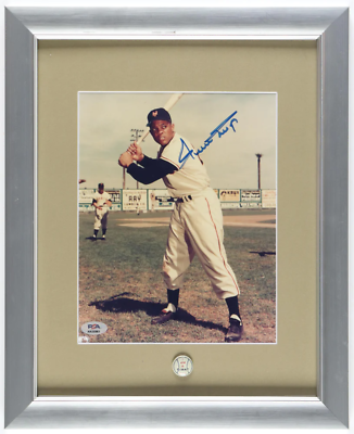#ad Willie Mays Signed Giants Custom Framed Photo Display with Vintage 1955 Giants P $960.00