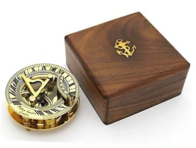 #ad Solid Brass Sundial and Compass in Hardwood Box Polished Brass Sundial $33.02