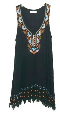 #ad Mika amp; Gala Black Embroidered Mini Dress Crochet Hem Sleeveless size 6 G $21.00