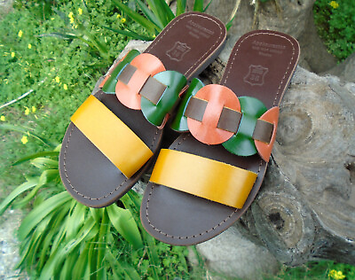 #ad Handmade Greek Leather Sandals Women#x27;s Multicolor Slide Sandals $44.00