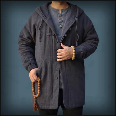 #ad Mens Winter Tang Hooded Linen Padded Canvas Cotton Single Breasted Overcoat $106.25