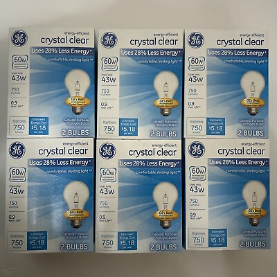 #ad GE 60 WATT Light Bulbs Crystal Clear 750 Lumens Dimmable Classic 12 Bulbs 6 Pack $39.99