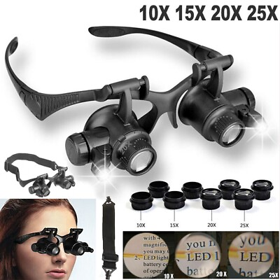 #ad Double Eye Jewelry Watch Repair Magnifier Loupe Glasses With LED Light 8 Lens US $12.91