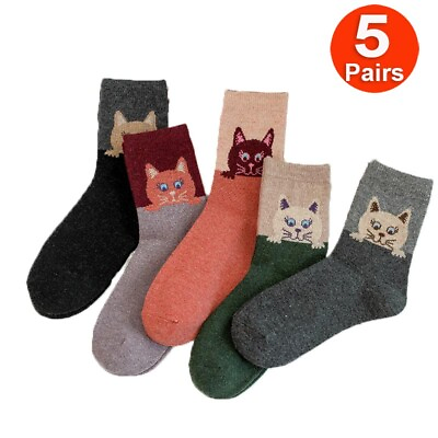 #ad 5Pairs Women Winter Warm Thick Socks Set Wool Thermal Ladies Funny Cute Cat Sock $8.54