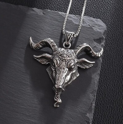 #ad Large Goat Head Satanic Pentagram Steel Pendant Necklace Baphomet Devil Lucifer $14.95