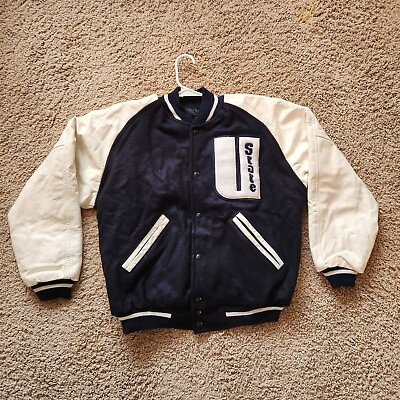 #ad Vintage Varsity Jacket Medium Blue White Leather Wool Bomber Academia Preppy $49.95